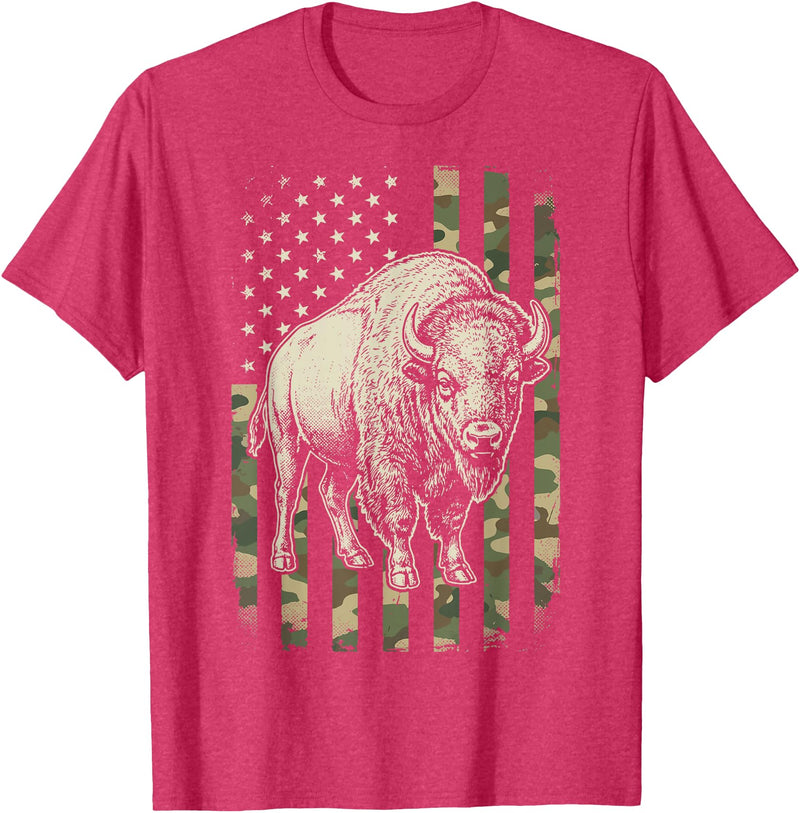 Usa Patriot American Bison Western Bufallo Bison USA Flag American Buffalo 4th of July T-Shirt - Red Heather