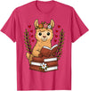 Bookworm Cute Llama Reading Book Llama Reading Book Graphic Llama with Book Floral T-Shirt - Red Heather