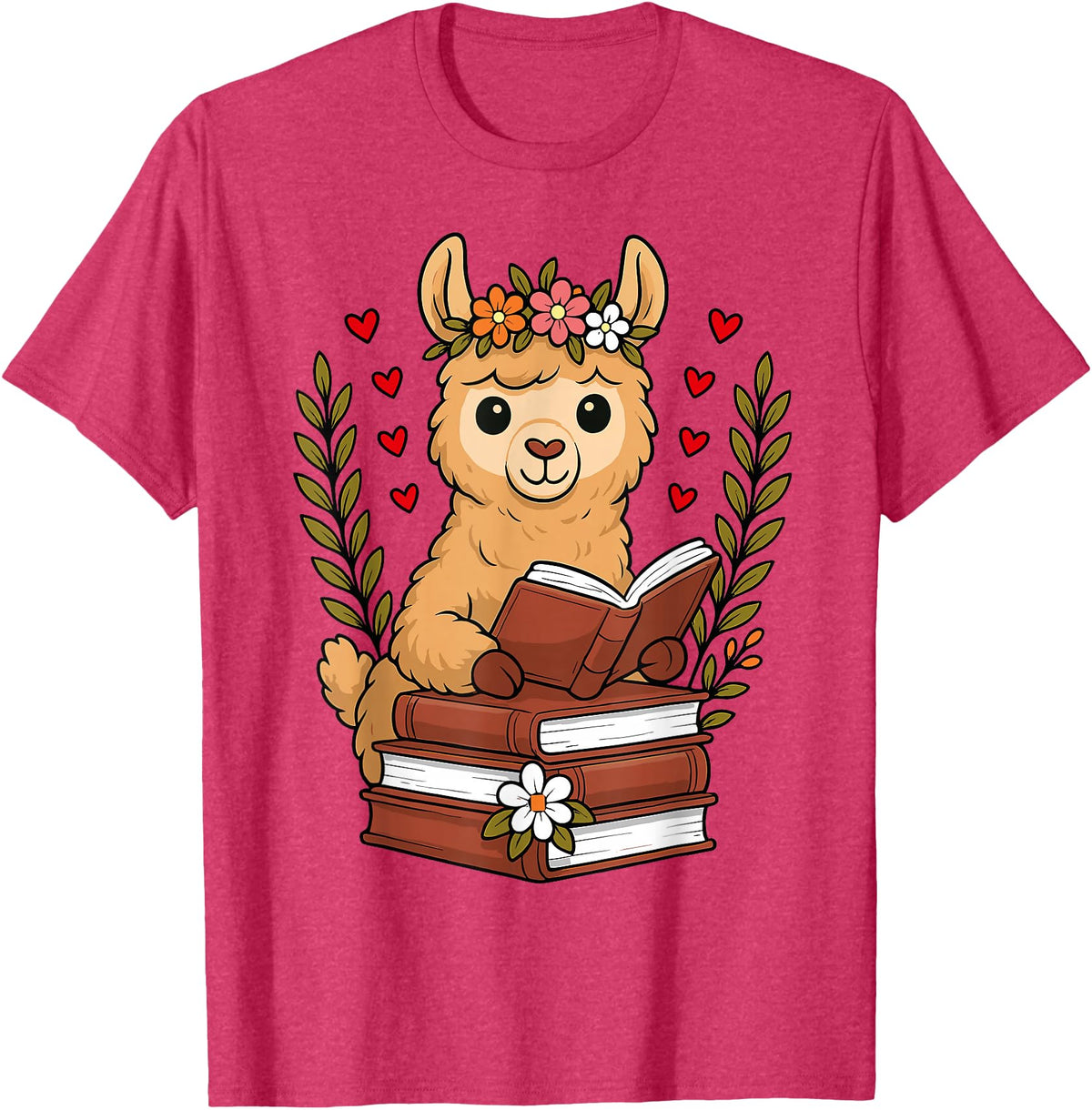 Bookworm Cute Llama Reading Book Llama Reading Book Graphic Llama with Book Floral T-Shirt - Red Heather