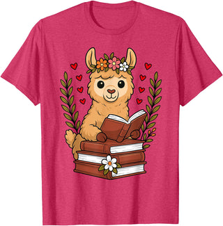 Bookworm Cute Llama Reading Book Llama Reading Book Graphic Llama with Book Floral T-Shirt - Red Heather