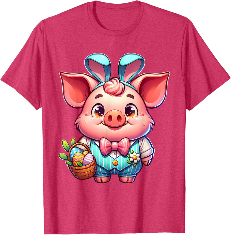 Pig Easter Designs. Easter Pig Bunny Ears Eggs Cute Farm Animal T-Shirt - Red Heather
