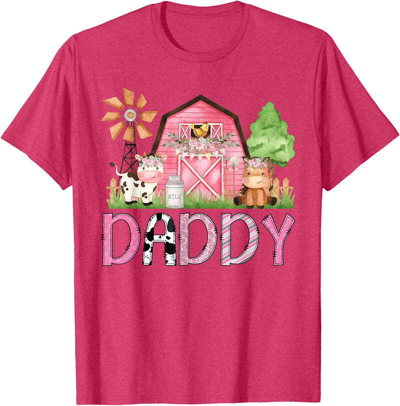 Pink Farm Cow Gender Reveal Party Daddy Pink Farm Animal Birthday Kids Matching Family T-Shirt - Red Heather