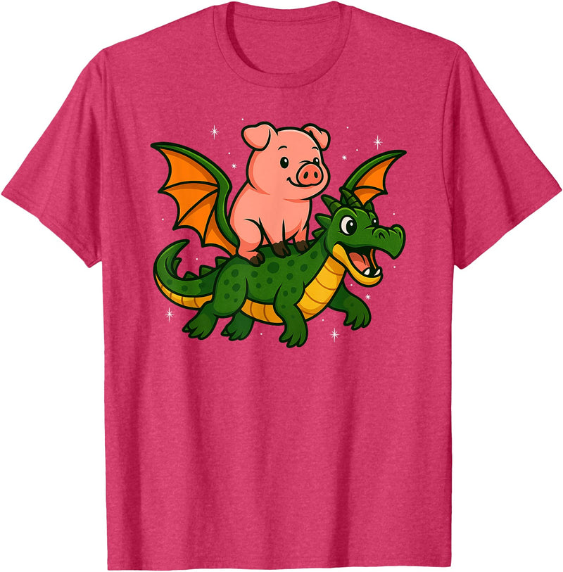 PigAxis1 Pig Animal Lover Dragon Riding Zoo Day Boys Girls Kids T-Shirt - Red Heather