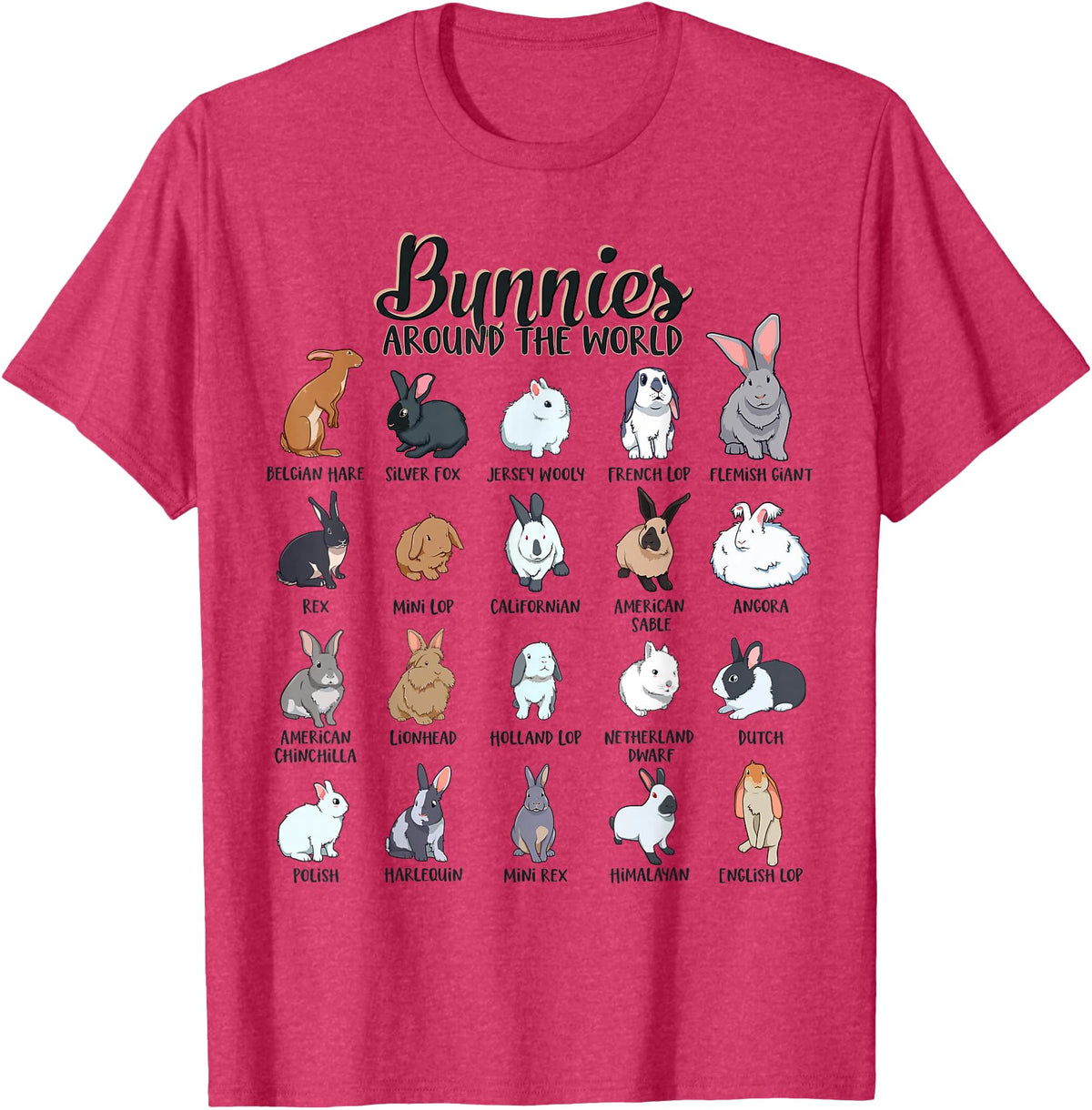 Rabbits in the World - Rabbit Breeds T-Shirt in Red Heather