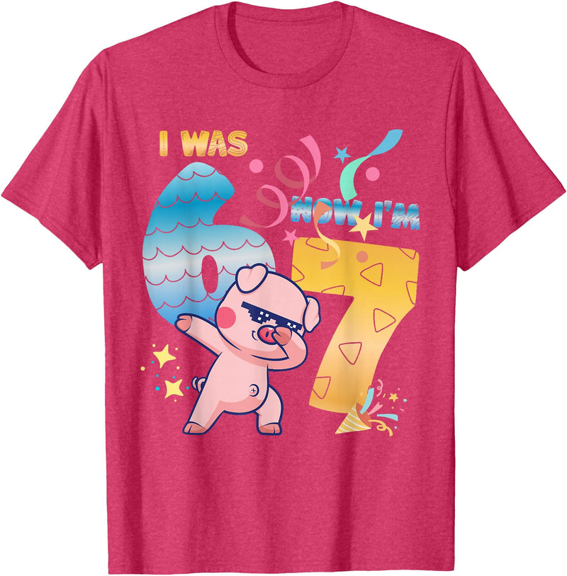 Funny 7th Birthday 6-7 Meme Pig Shir-t Kids Gift I was 6 Now I'm 7 Funny 67 Birthday Kids Boys Dabbing Pig T-Shirt - Red Heather