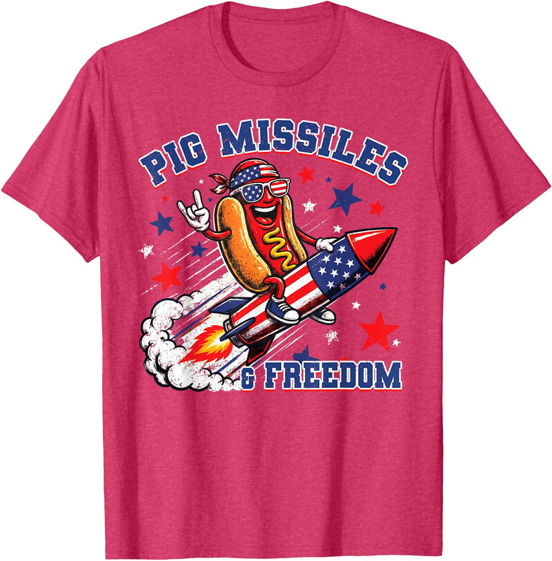 Pig Missiles and Freedom 4th of July Patriotic Hotdog T-Shirt - Red Heather