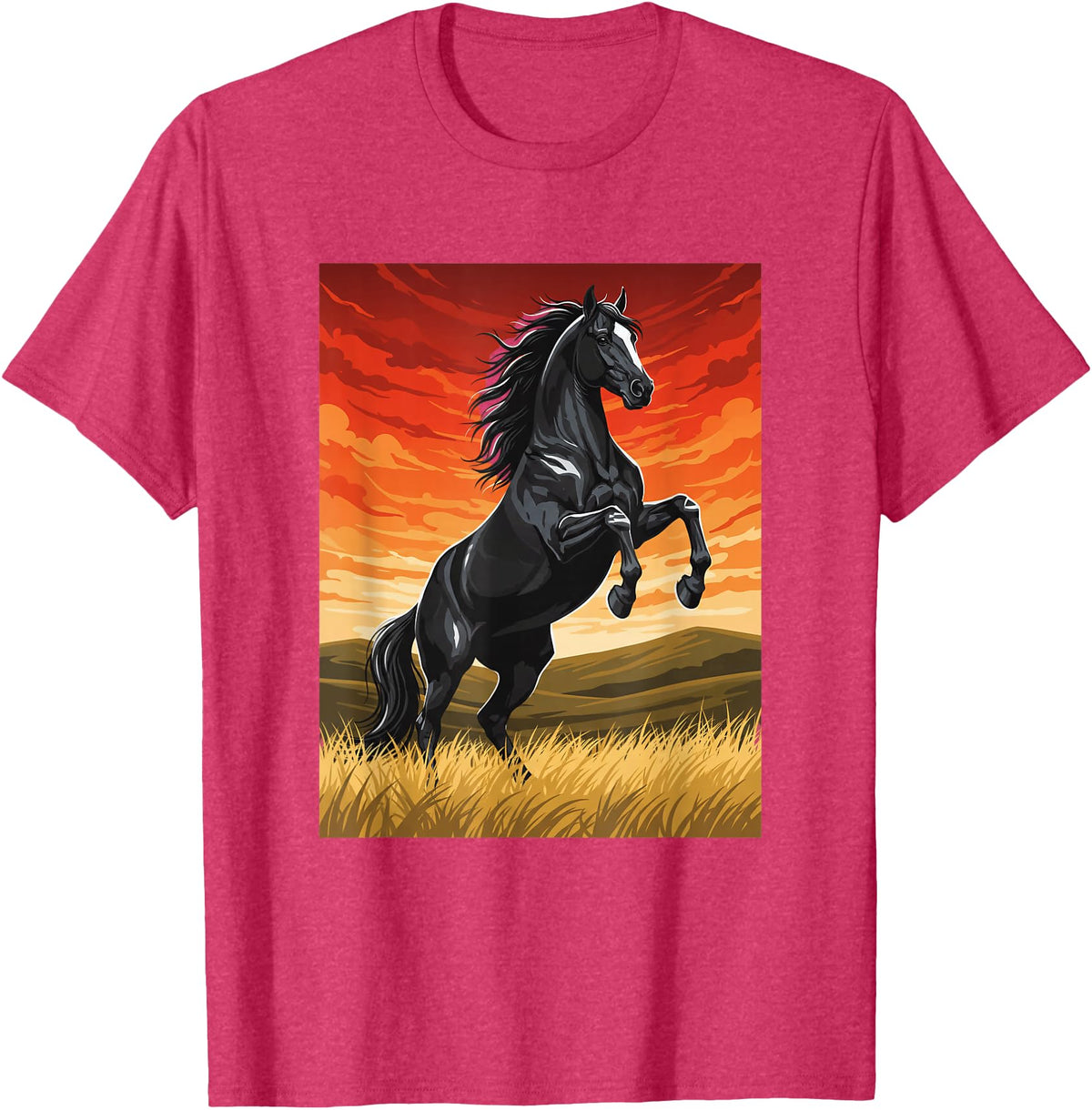 Horse Ranch Cowboy Western Equine Stallion Wy Black Horse Rearing Sunset Ranch Horse Art Print Wy T-Shirt - Red Heather