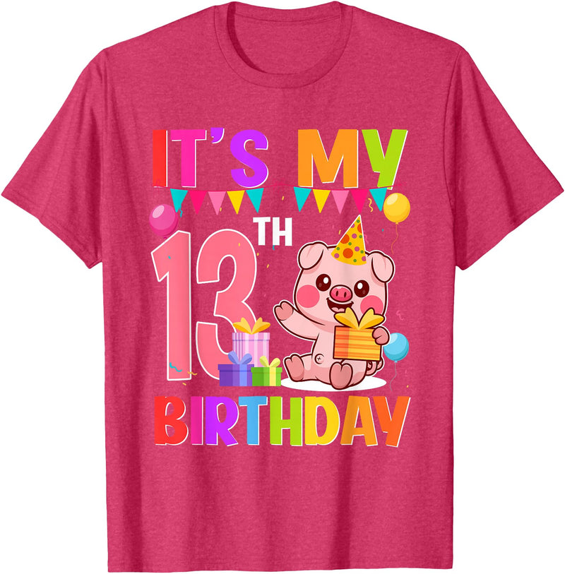 13th Birthday Pig Gift For Boys Girls 13 Years Old Birthday Pig Theme Party It's My 13th Birthday T-Shirt - Red Heather