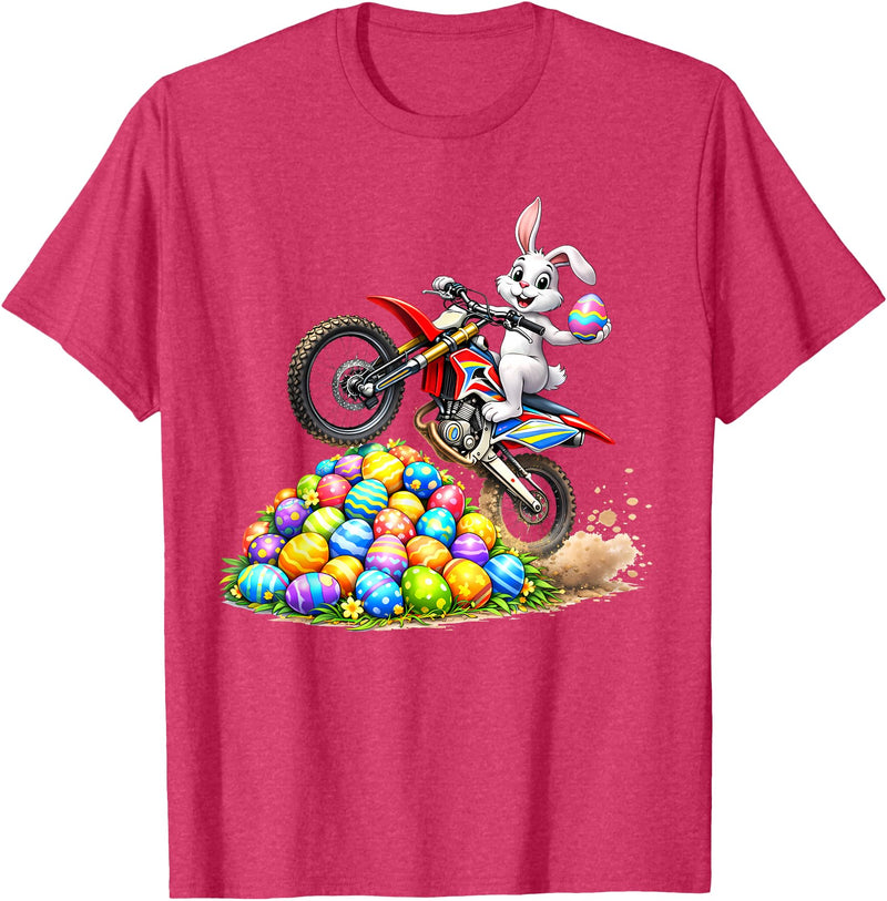 Cool Easter Bunny Dirt Bike Rider Funny Motocross Rabbit T-Shirt in Red Heather