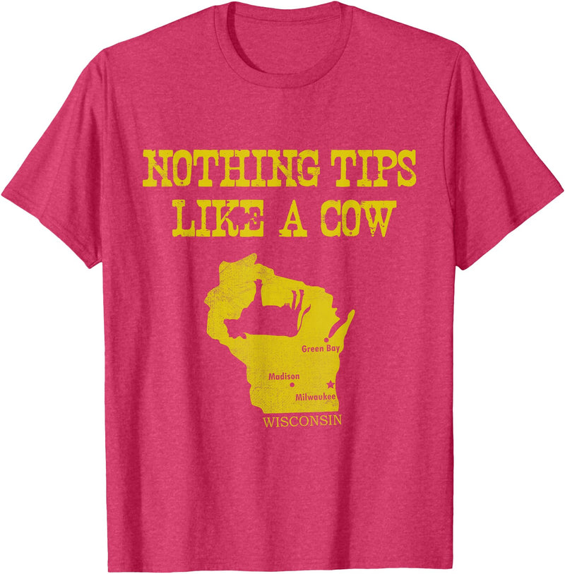 Funny Farm Nothing Tips Like A Cow Wisconsin T-Shirt - Unisex-Adults, Green, Small, Short Sleeve, Cotton, Polyester - Red