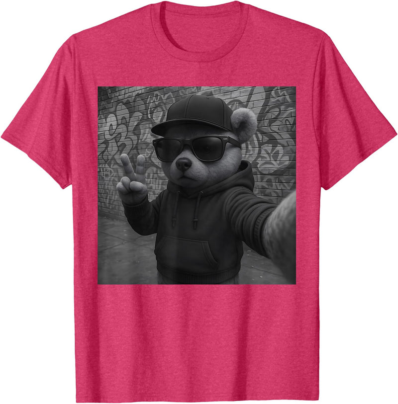 Teddy Bear Graphic Streetwear Hip Hop Men's Design Hip Hop Teddy Bear Selfie Urban Streetwear Peace Sign Rap T-Shirt - Red Heather