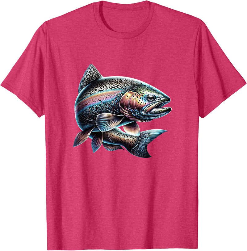 Steelhead Fishing - Unisex Adults & Kids Fishing T-Shirt - Black - Small - Short Sleeve - Cotton & Polyester - Modern Fish Graphic - Crew Neck - Regular Fit - Pull On - Imported - Red Heather