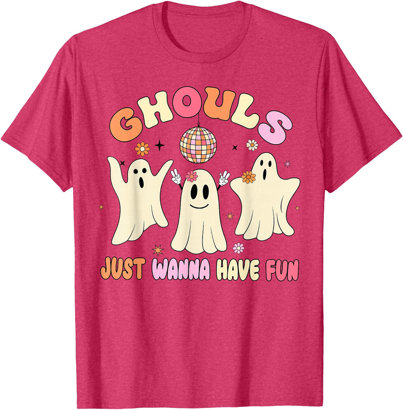 Groovy Ghosts Just Wanna Have Fun Funny Halloween T-Shirt - Red Heather