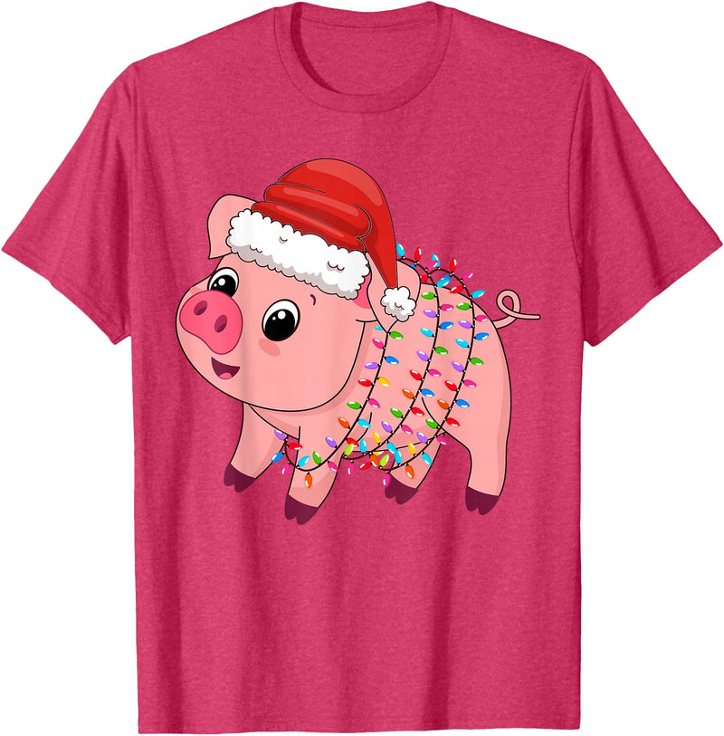 Pig Christmas Gifts Men Women Kids Co. Christmas Lights Pig Wearing Xmas Hat - Pig Lover Farmer T-Shirt - Red Heather