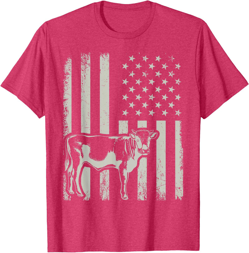 American Bull Riding Cowboy 4th of July USA Flag Proud Patriotic Cattle Bull Cow Farmer Lover American Flag T-Shirt - Red