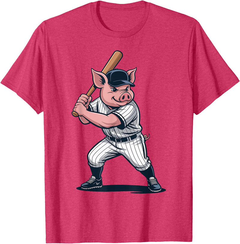 Pig Animal Baseball Lovers Graphic Funny Pig Playing Baseball Artwork Vintage Animal Baseballer T-Shirt - Red Heather