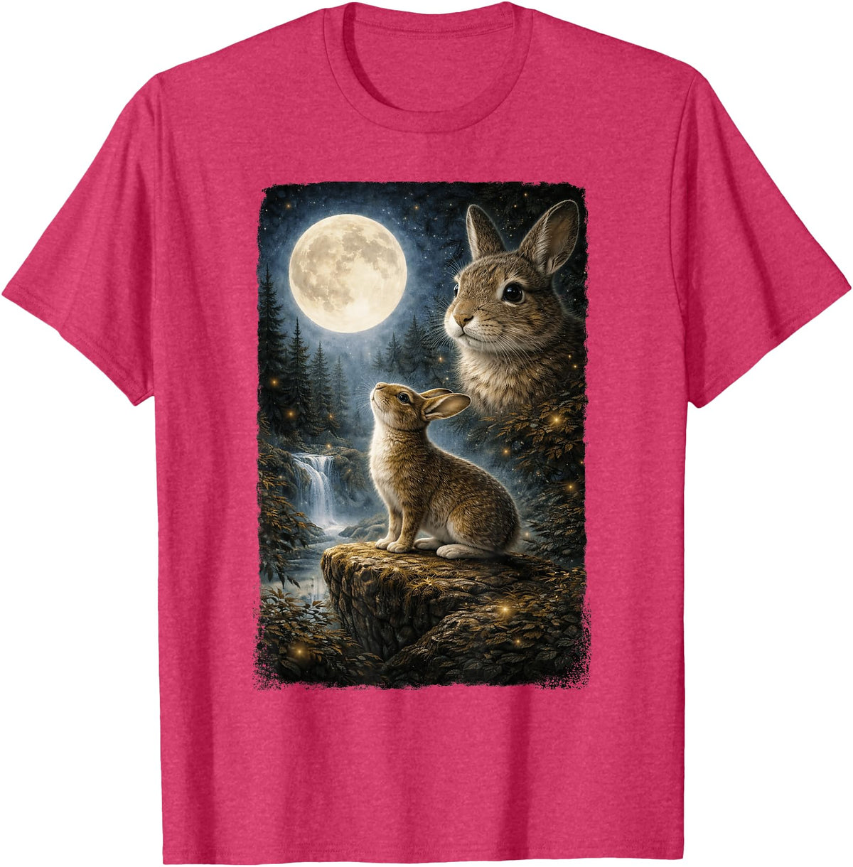 Funny Bunny Art Design Rabbit Howling at the Moon T-Shirt in Red Heather
