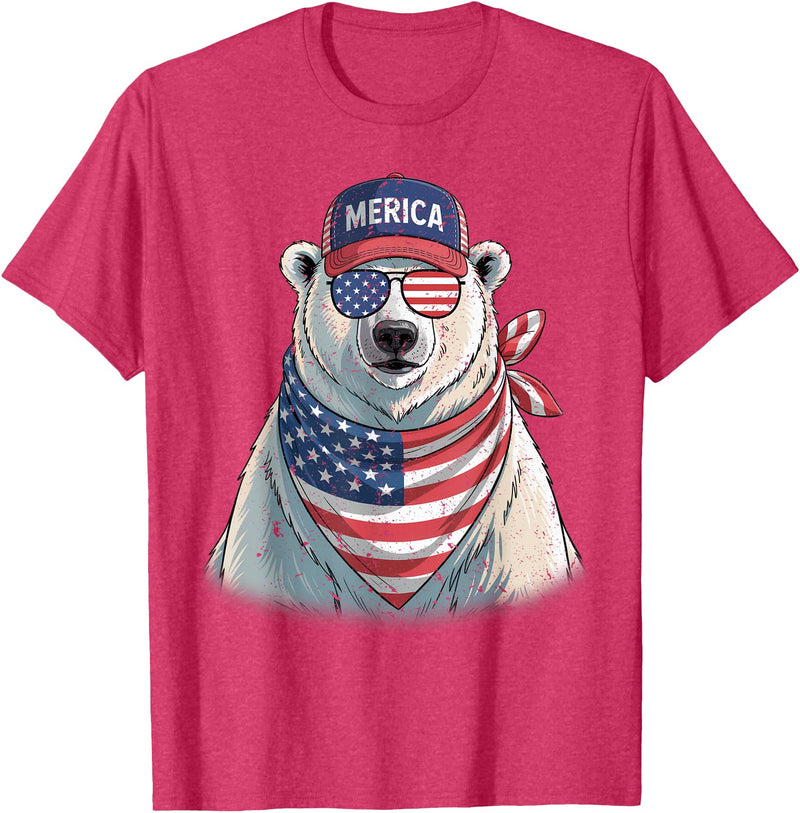 Retro Merica Polar Bear USA July Fourth Polar Bear 4th of July US American Flag Patriotic T-Shirt - Red Heather