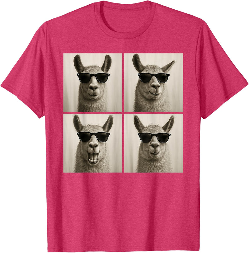 Retro Llama Portrait with Sunglasses Funny Llama Lover Cute Llama Photo Booth T-Shirt - Red Heather