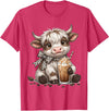 Funny Highlander Cow Drinking Coffee Lover Designs Highland Cow Drinking Iced Coffee Lover Funny Animal Meme T-Shirt - Red