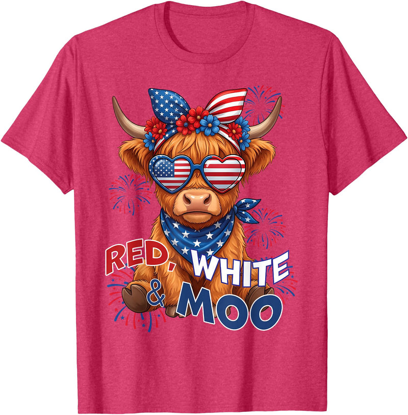 Red White Moo Patriotic Highland Cow 4th July Red White and Moo Highland Cow 4th July 250 Years Patriotic T-Shirt - Red