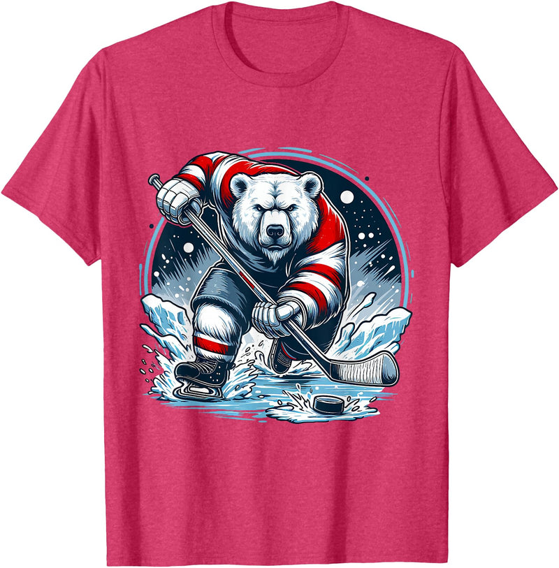Hockey Player Love Polar Bear Hockey Bear on Ice: A Funny Polar Bear Playing Hockey T-Shirt - Red Heather