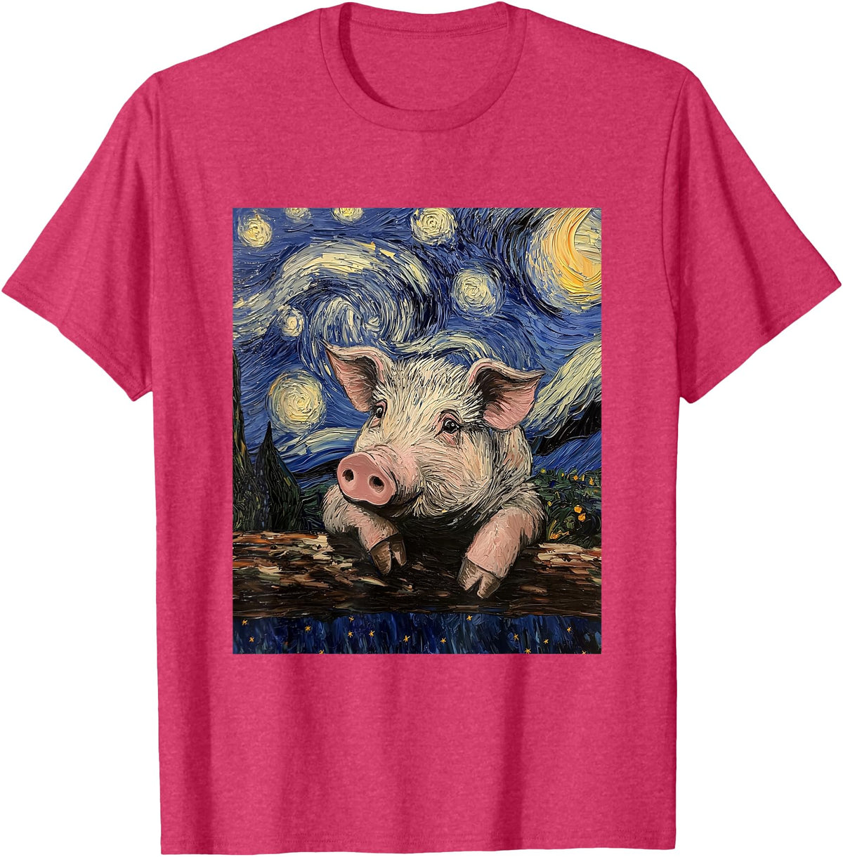 Cute Pigs Designs. Cute Pig Funny Van Gogh Style Starry Night Graphic T-Shirt - Red Heather