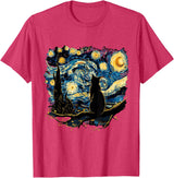 Cat Starry Night Van Gogh Cat T-Shirt for Cat Lovers, Women, Unisex, Black, Small, Short Sleeve, Classic Fit