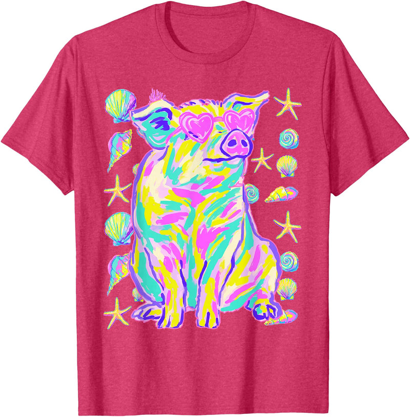 Coastal Summer Animals Beach Art Cute Pig with Hearts Sunglasses Seashells Coastal Summer T-Shirt - Red Heather