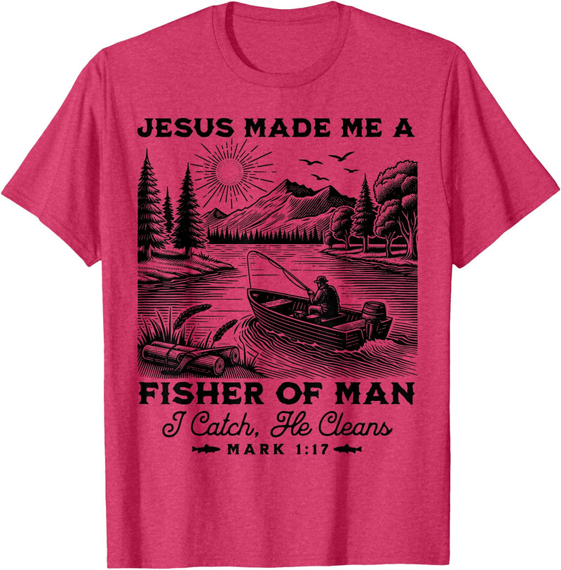 Fisher of Man Mark 1:17 Christian Scripture Jesus Fishing T-Shirt - Red Heather