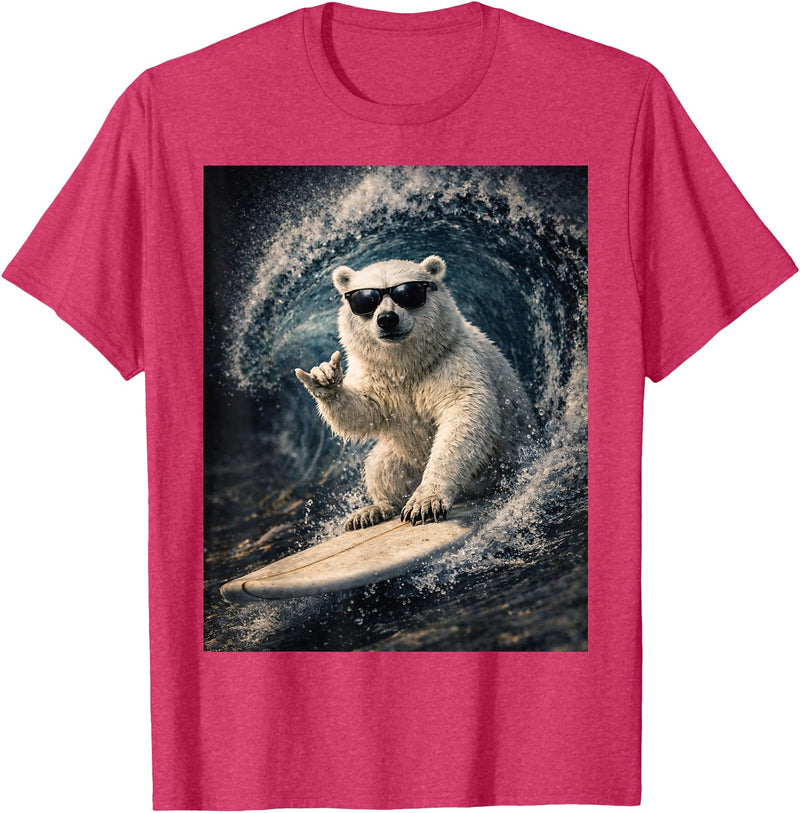 White Bear Surfing Waves Funny Animal Apparel Funny Polar Bear Surfer Catching Waves | Shaka Funny Animal T-Shirt - Red Heather