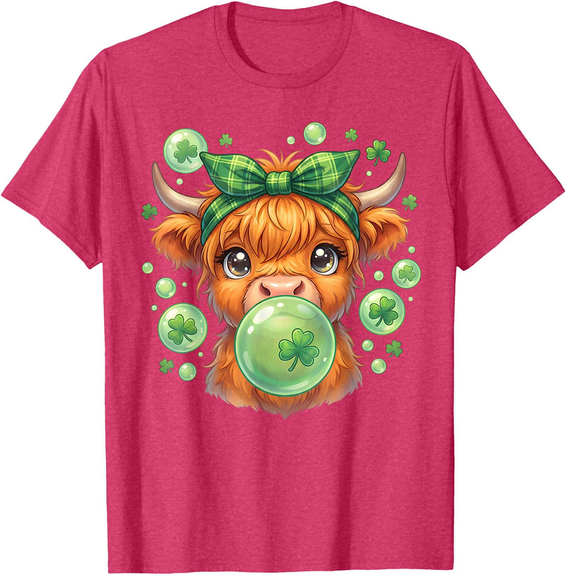 St. Patricks Day Highland Cow Blowing Bubblegum Celebrate St Patricks Day T-Shirt - Red Heather