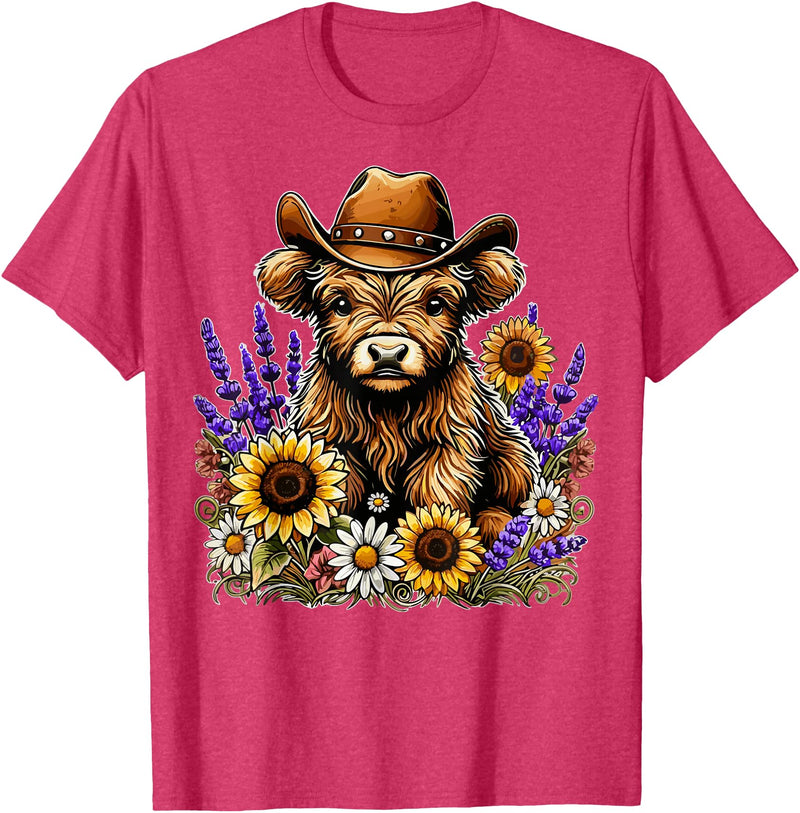 Funny Scottish Highland Cow Highland Cow Cowboy Hat Sunflower Wildflower Country Western T-Shirt - Red Heather