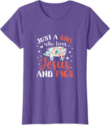Pig Lovers Gifts and Apparel Just A Girl Who Loves Jesus and Pigs Pig Lover Christian T-Shirt - Purple Heather
