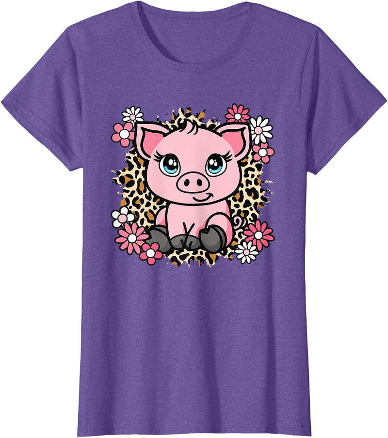 KATYLIN Cute Pig Flowers Pig Lover Women Girls Kids T-Shirt - Purple Heather