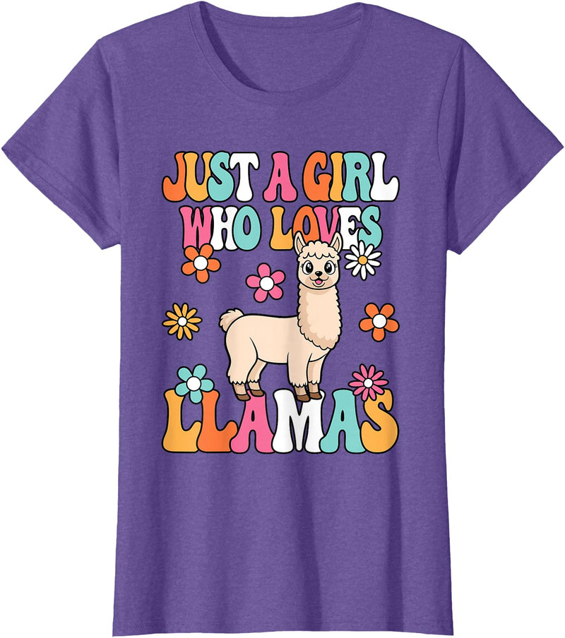 BALARI Just A Girl Who Loves Llamas Cute Groovy Alpaca Llama Kids T-Shirt - Purple Heather