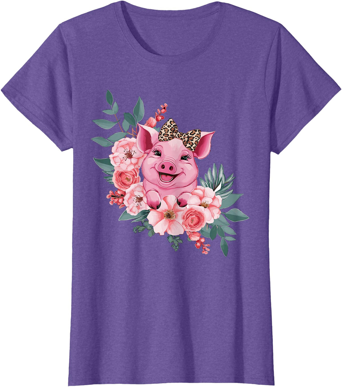Pig Leopard Headband Flower Pig With Leopard Headband Flower Pig Lover T-Shirt - Purple Heather