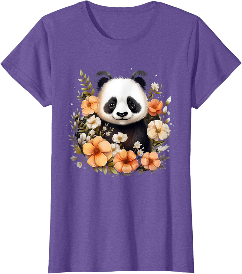 Floral Panda Bear Panda Bear Flowers Floral Girls Kids Funny Cute Panda Lover T-Shirt - Purple Heather
