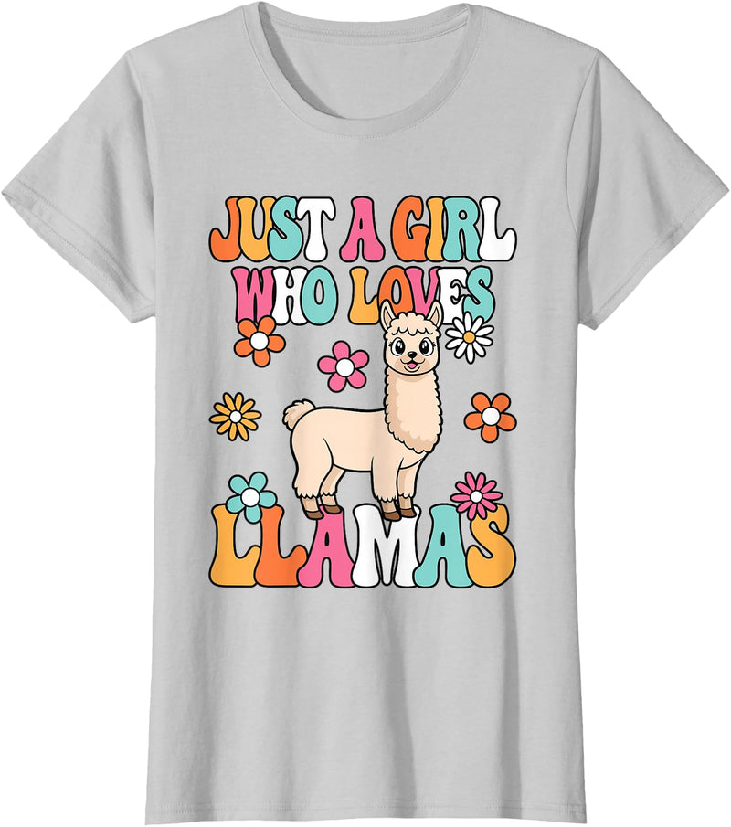BALARI Just A Girl Who Loves Llamas Cute Groovy Alpaca Llama Kids T-Shirt - Silver Grey