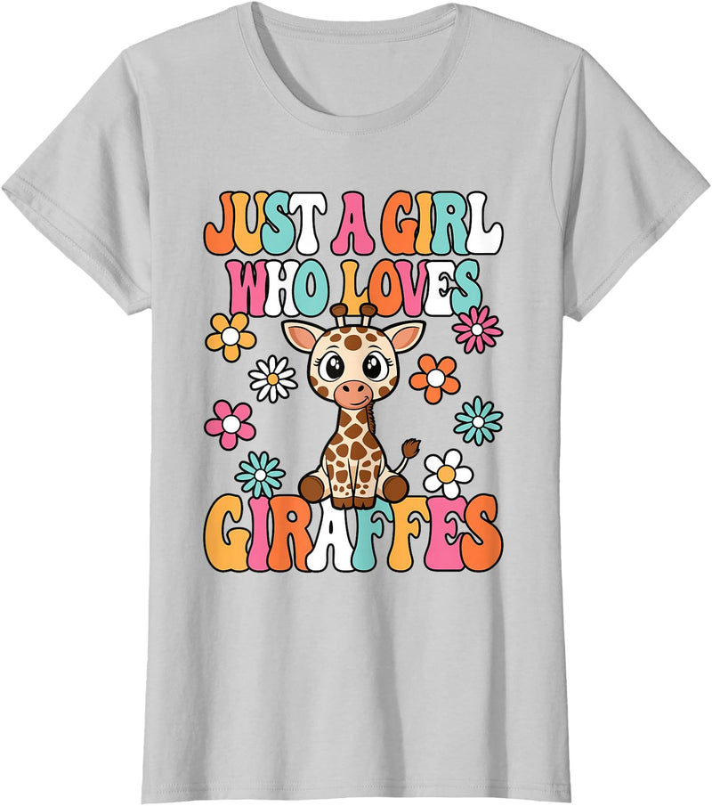 BALARI Just A Girl Who Loves Giraffes Cute Groovy Wild Animal Kids T-Shirt - Silver Grey