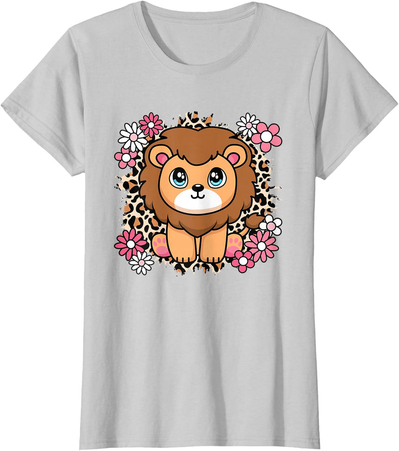 KATYLIN Cute Lion Flowers Lion Lover Women Girls Kids T-Shirt - Silver Grey