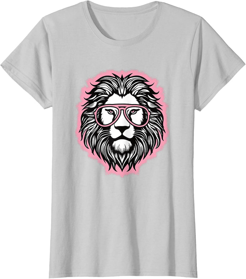 BALARI Cute Pink Lion Wild Animal Lion Lover Women Girls T-Shirt - Silver Grey
