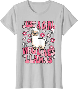 KATYLIN Just A Girl Who Loves Llamas Llama Lover Girls Kids T-Shirt - Silver Grey