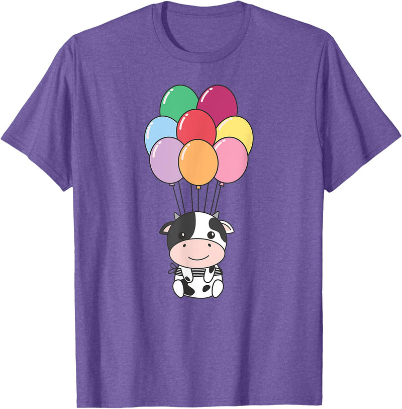 Cute Balloon Animals For Birthday Cow Flies With Colorful Balloons Kawaii Cows T-Shirt - Purple Heather