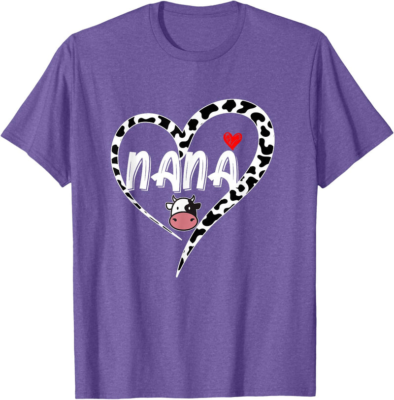 Black White Family Cow Farm Nana Cow Print Cow Heart Pattern Farmer Cows Mother's Day T-Shirt - Purple Heather