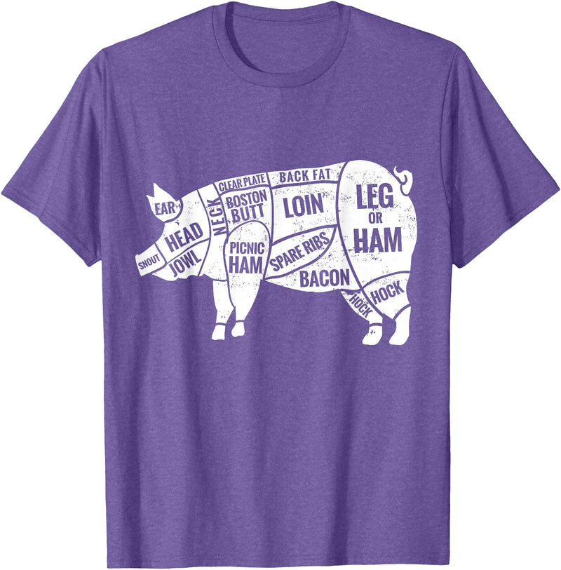 Pig Diagram T-Shirt | Butcher T-Shirts Pig and Pork Diagram Shirt, Butcher Shirt, Bacon Tee T-Shirt - Purple Heather