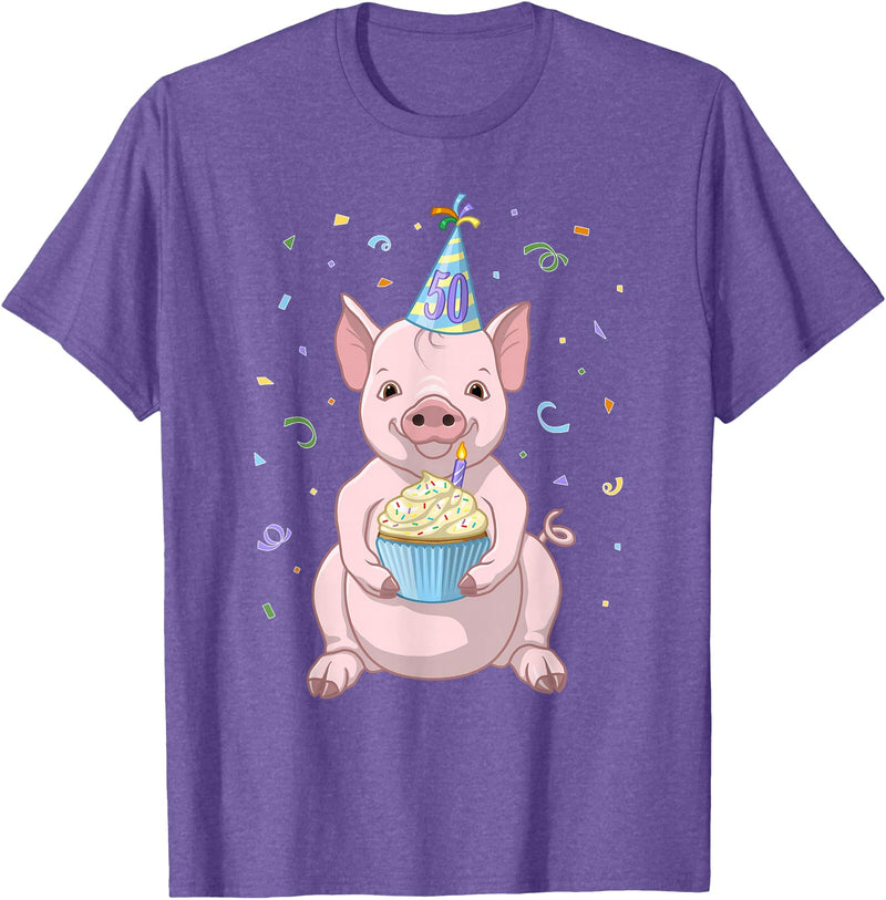 Funny Party Animals Cute Pink Pig Party Hat 50th Birthday Cupcake Gift T-Shirt - Purple Heather