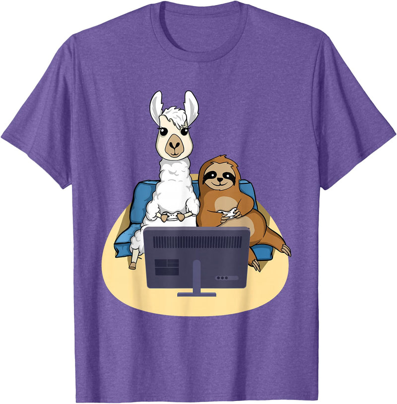 Funny Llama Shirts Sloth And Llama Gamer - Zookeeper Zoo Animal Lovers T-Shirt - Purple Heather