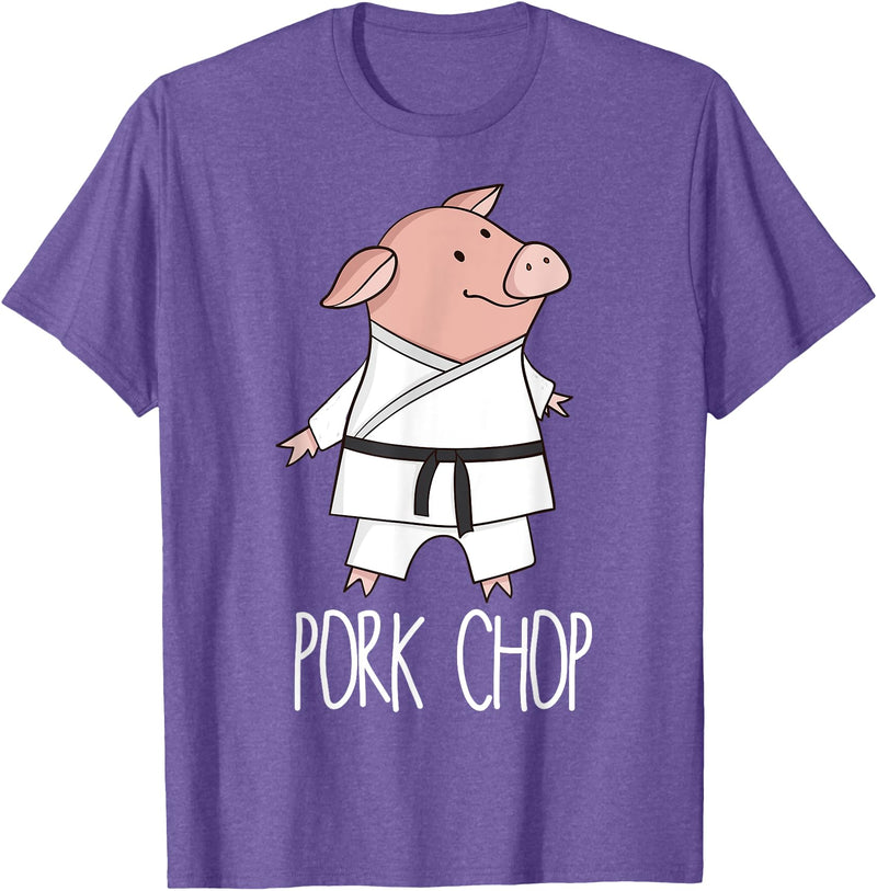 Funny Pig Pun Shirts Pork Chop - Funny Pig Animal Pun Karate T-Shirt - Purple Heather