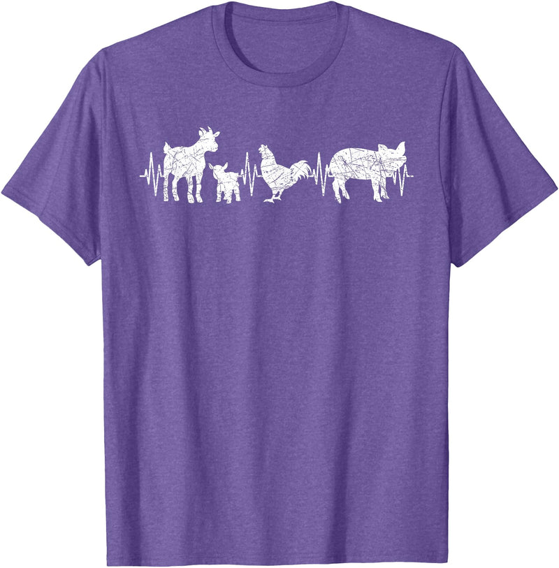 Farmer Farm Animal Lover Gifts Goat Chicken Pig Agriculture Heartbeat Farm Animals T-Shirt - Purple Heather